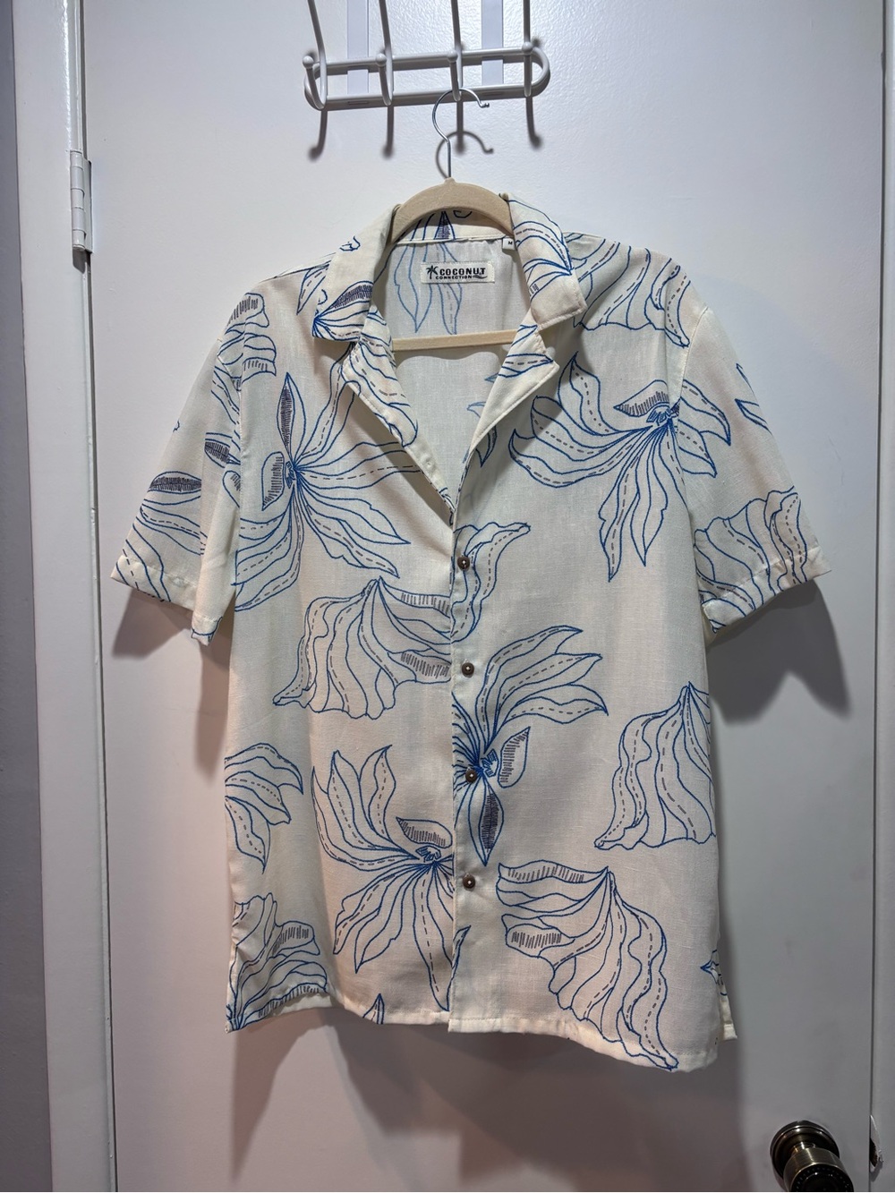 Men’s Cream Short-Sleeve Floral Shirt with Blue Print